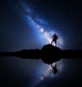 Milky Way and silhouette of a standing man near lake Royalty Free Stock Photo