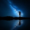 Milky Way. Silhouette of a standing man near the lake Royalty Free Stock Photo