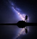 Milky Way and silhouette of a standing man near river Royalty Free Stock Photo