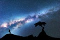 Milky Way, silhouette of woman and tree. Space