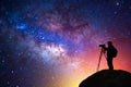 Milky way, star, silhouette happy camera man on the mountain with detail of the milky way Royalty Free Stock Photo