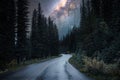 Milky way with starry over highway road in the forest at national park