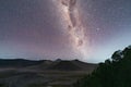 Milky way and stars above Mount Bromo at night. An active volcano and one of the most visited tourist attractions in east Java