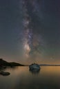 Milky Way Galaxy over Bonsai Rock, Lake Tahoe. Royalty Free Stock Photo