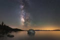 Milky Way Galaxy over Bonsai Rock, Lake Tahoe. Royalty Free Stock Photo