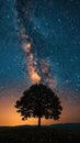 The Milky Way stretches across the sky above a lonely tree Royalty Free Stock Photo