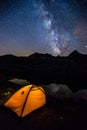 Milky way and tent in Ibon De Estanes, Pyrenees, Spain