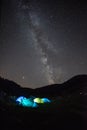 Milky way with tents illuminating in the night , mountains adventures on Perseid meteor shower