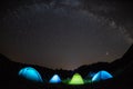 Milky way with tents illuminating in the night , mountains adventures on Perseid meteor shower