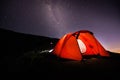 Milkyway stars behind a red tent on a mountain, cool for the background