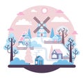 Mill, barn and three village houses on a hill, snowy morning - vector cartoon illustration