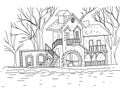 Mill building on the shore coloring line graphics hand drawn background nature