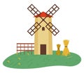 Windmill and Hay Bales Tied with Threads Vector