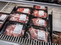 Mill Creek, WA USA - circa April 2022: High angle view of raw meat for cooking sukiyaki or yakiniku inside a grocery store