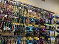 Mill Creek, WA USA - circa December 2022: Wide view of a variety of collars and harnesses for sale inside a Mudbay pet shop