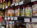 Mill Creek, WA USA - circa June 2022: Close up, selective focus on squeezable baby food products for sale inside a Town and