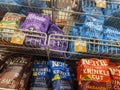 Mill Creek, WA USA - circa June 2022: Low angle view of a variety of kettle cooked chips for sale inside a Sprouts Market