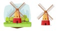 Mill dutch farm vector flour windmill flat graphic design illustration on field and isolated clipart cartoon image, wooden old Royalty Free Stock Photo