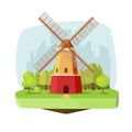 Mill farm on nature landscape vector illustration, flat carton retro dutch windmill near forest on city background Royalty Free Stock Photo