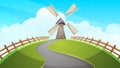 Mill, fence, road - cartoon illustration. Royalty Free Stock Photo