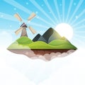 Mill, island, mountain, sun, hill - illustration.