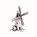 Mill sketch. village old rural windmill on agriculture ecology field of netherlands farm vector doodle hand drawing