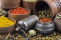 Mill for spices, spilled coffee, spices in wooden tableware by close up