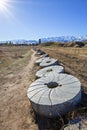 Mill stones in the ancient site of Burana Tower, Kyrgyzstan Royalty Free Stock Photo