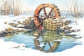 mill wheel half-submerged in frozen pond Royalty Free Stock Photo