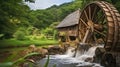 The mill wheel rotates under a stream of water at village with traditional thatched roofed houses. Generative AI