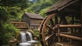 The mill wheel rotates under a stream of water at village with traditional thatched roofed houses. Generative AI