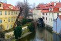 Mill Wheel of Velkoprzhevorskaya Mill and statue of Czech Water Kabourek on Chertovka River in Prague, Czech Republic