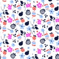 Millefleur flowers and fruits pink purple abstract seamless pattern.