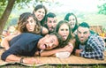 Millenial friends taking selfie with funny faces at pic nic barbecue - Happy youth friendship concept with millennial young people Royalty Free Stock Photo