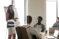 Millennial Asian female make whiteboard presentation at briefing Royalty Free Stock Photo