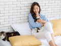 Millennial Asian young female owner sitting smiling leaning on pillow holding hugging cuddling tricolor short hair cat on lap with Royalty Free Stock Photo