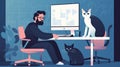 Casual freelancer man from remote work or programming playing with cats sit on desk. generative ai