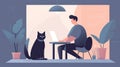 Casual freelancer man from remote work or programming playing with cats sit on desk.