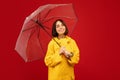 Millennial caucasian woman posing with transparent umbrella, smiling and looking at camera over red background Royalty Free Stock Photo