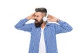 Millennial hipster man listen to music in headphones. Loud music. Man listening audio in loud music headphones. Annoyed Royalty Free Stock Photo