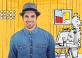 Millennial man smiling against yellow hand drawn office Royalty Free Stock Photo