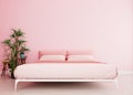 Millennial pink mock up wall with pink bed in modern interior background, bedroom, Scandinavian style, wide close-up