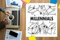 MILLENNIALS CONCEPT Business team hands at work with financial r Royalty Free Stock Photo