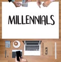 MILLENNIALS CONCEPT Business team hands at work with financial r Royalty Free Stock Photo