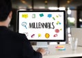 MILLENNIALS CONCEPT Business team hands at work with financial r Royalty Free Stock Photo