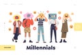 Millennials concept of landing page with y generation people sharing emotions in social media
