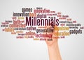 Millennials word cloud and hand with marker concept