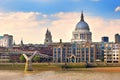 Millennium Bridge, St Pauls Cathedral and embankment of the River Thames, London Royalty Free Stock Photo