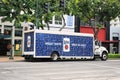 Miller Lite brand beer, Molson Coors owned Miller Brewing Company delivery truck on city street stocking local store.