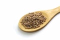 Pearl barley on a wooden spoon on a white background